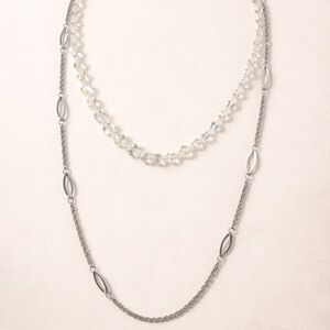 Vintage Y2K 90s Silver & Crystal Layering Necklace Set Beaded  + Long Chain Duo